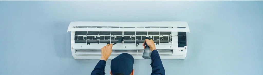 Técnico realizando manutenção em ar condicionado